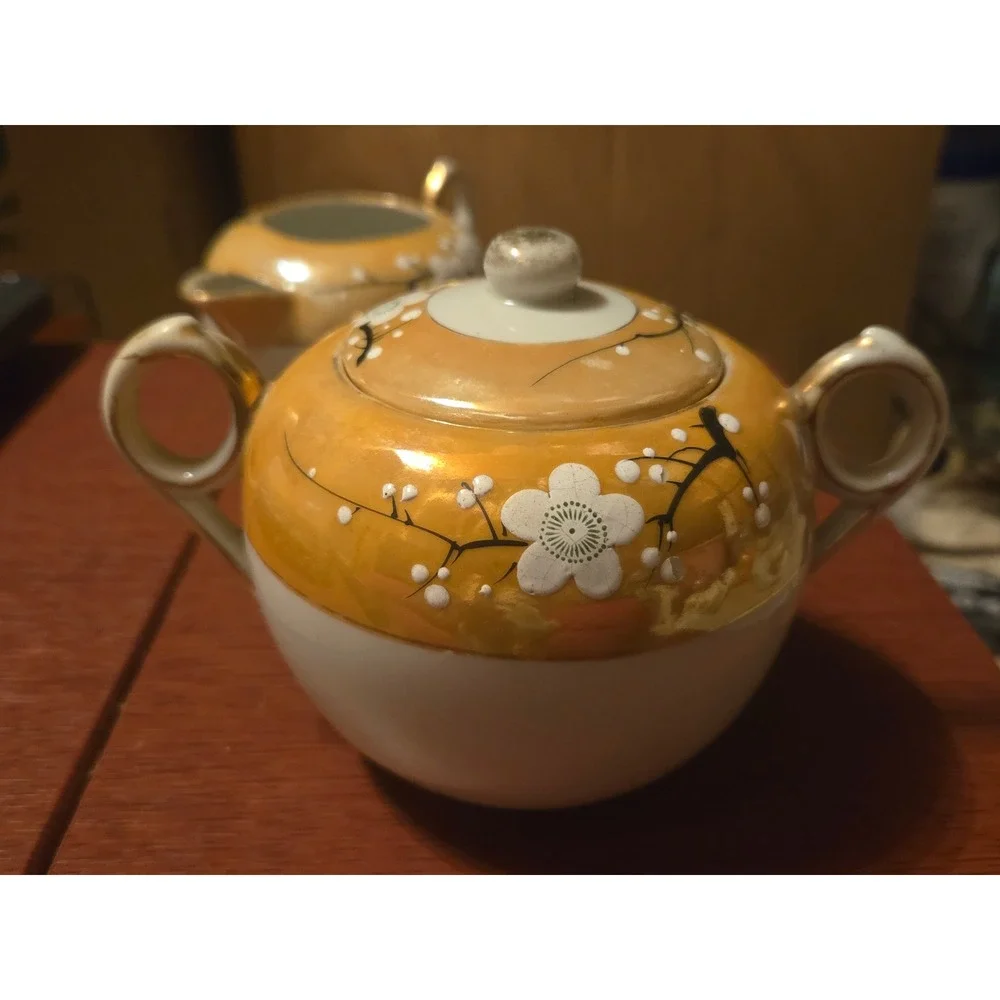 Vintage Lusterware Creamer and Sugar Bowl Set Orange Cherry Blossom Porcelain
